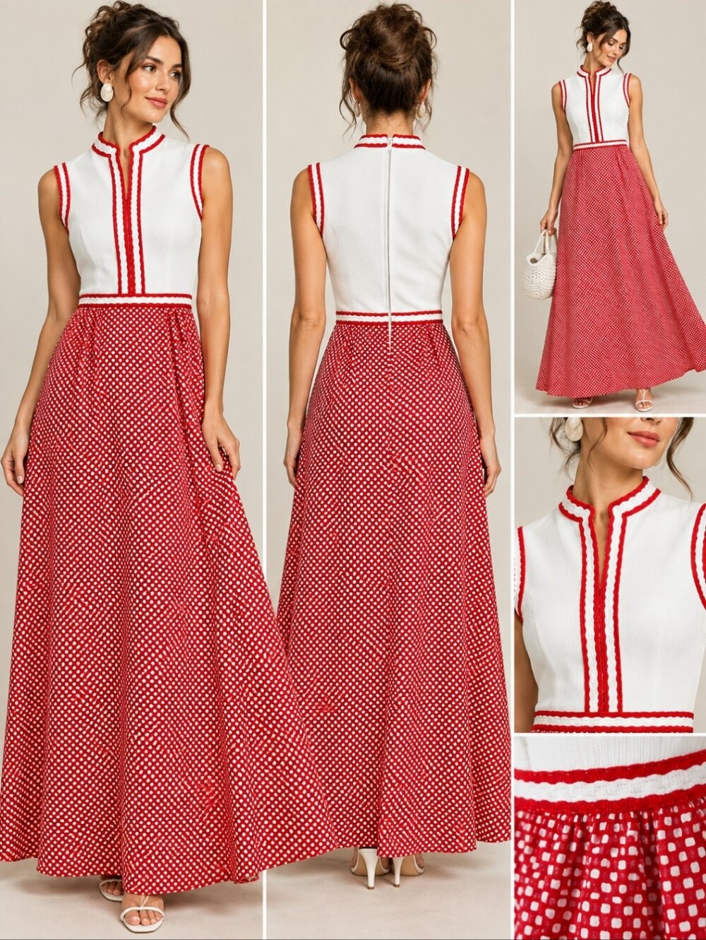 Vintage 1970s Red White Maxi Dress | Mod Geometric Print | Sleeveless High Neck